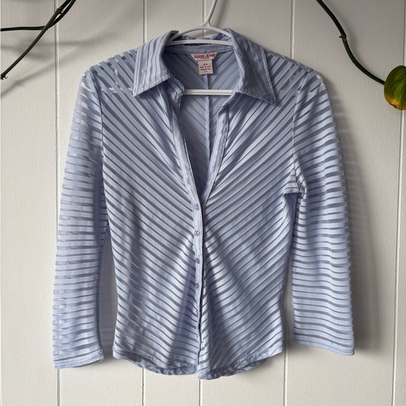 Guess Light Blue Sheer Striped Women's Top Small - Picture 1 of 6